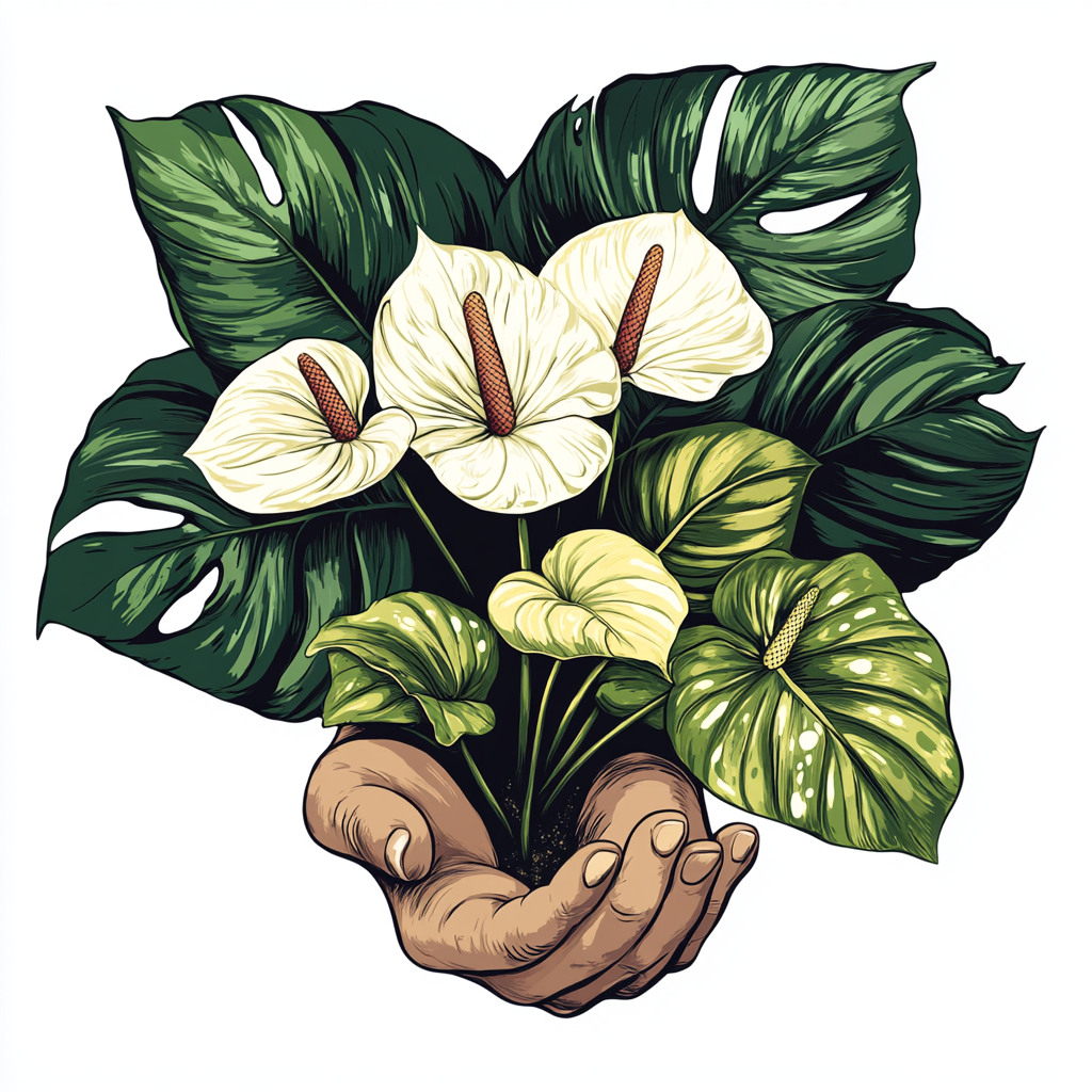 Hand-drawn logo of dark anthurium, variegated monstera, philodendron –s.