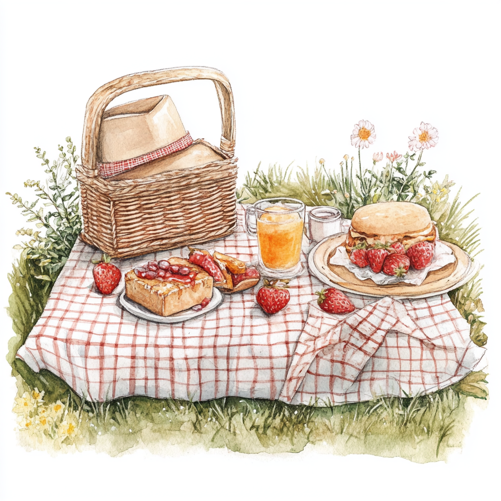 Hand-drawn picnic scene in Sarah Kay style; detailed, romantic.