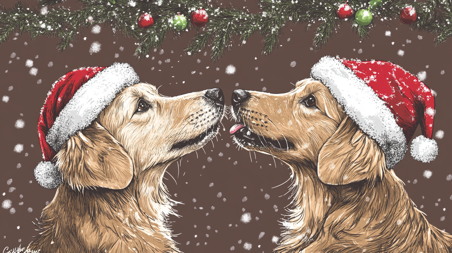 Hand drawn picture of two happy dogs at Christmas.