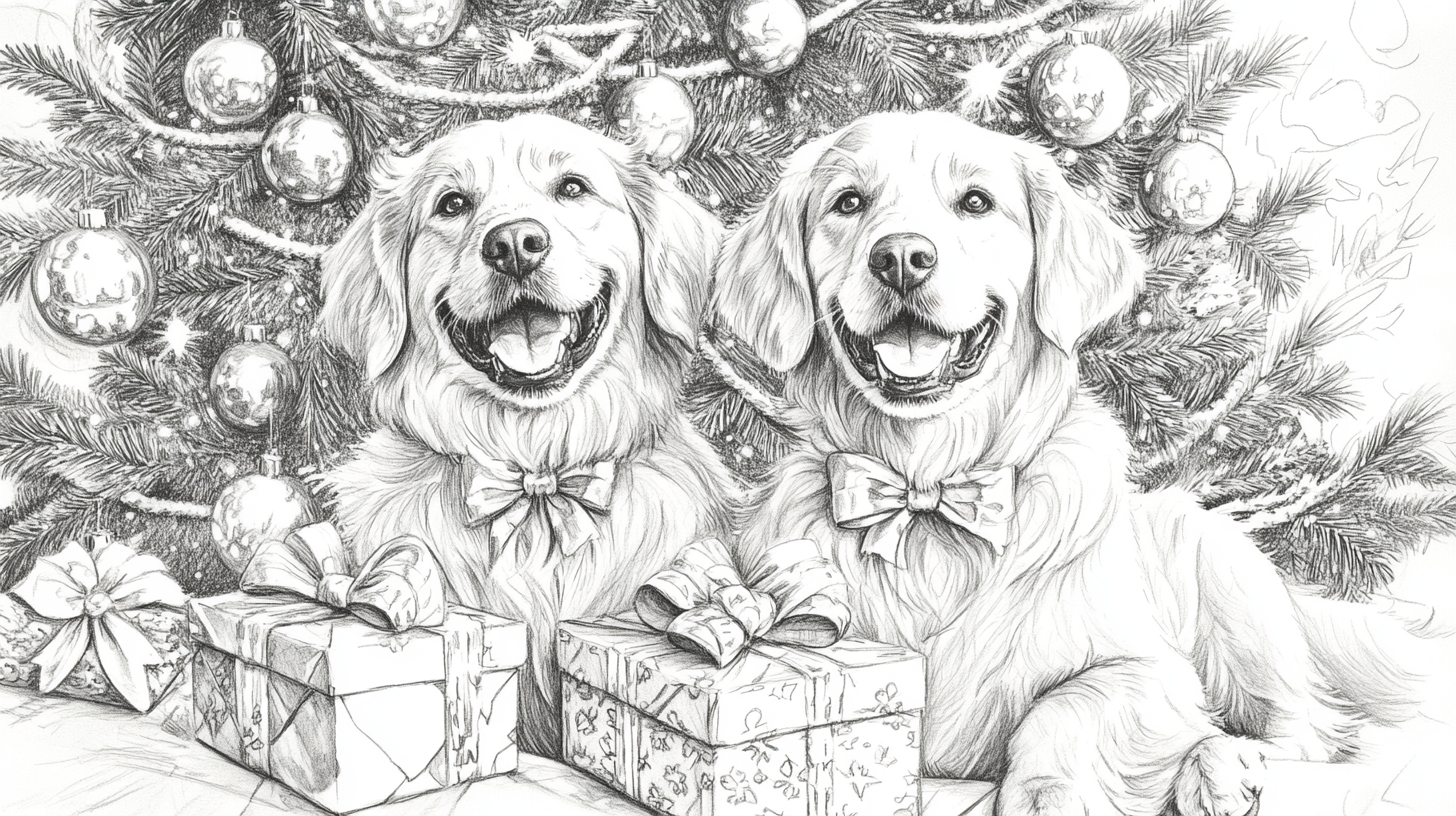 Hand-drawn picture of two happy golden retrievers at Christmas.