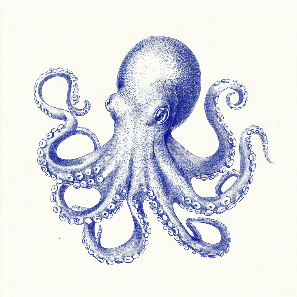 Hand-drawn vintage octopus illustration in blue ink.