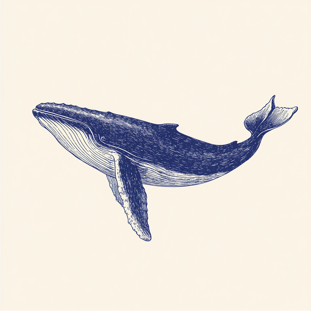 Hand-drawn vintage postcard of whale in blue ink.