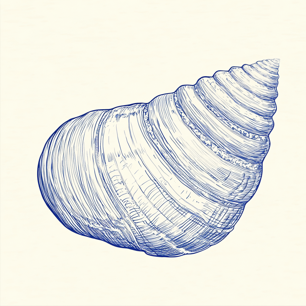 Hand-drawn vintage postcard style blue ink shell illustration.