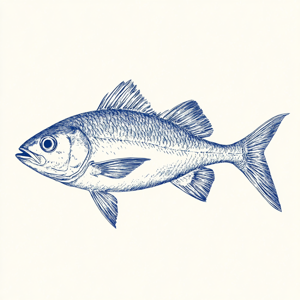 Hand-drawn vintage postcard style fish illustration in blue.