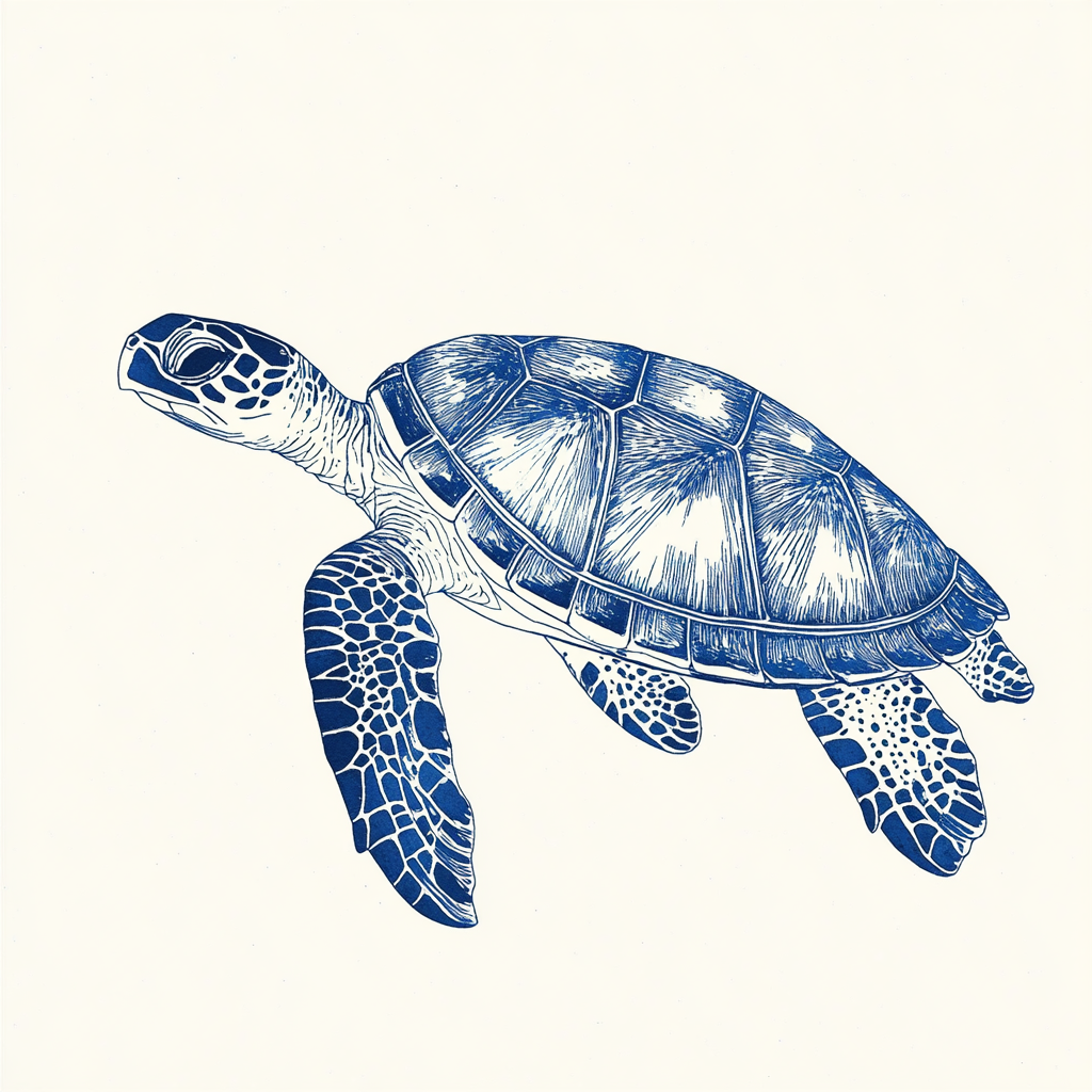 Hand-drawn vintage postcard style turtle illustration in blue.