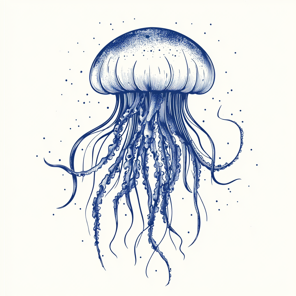 Hand-drawn vintage-style blue ink jellyfish illustration.