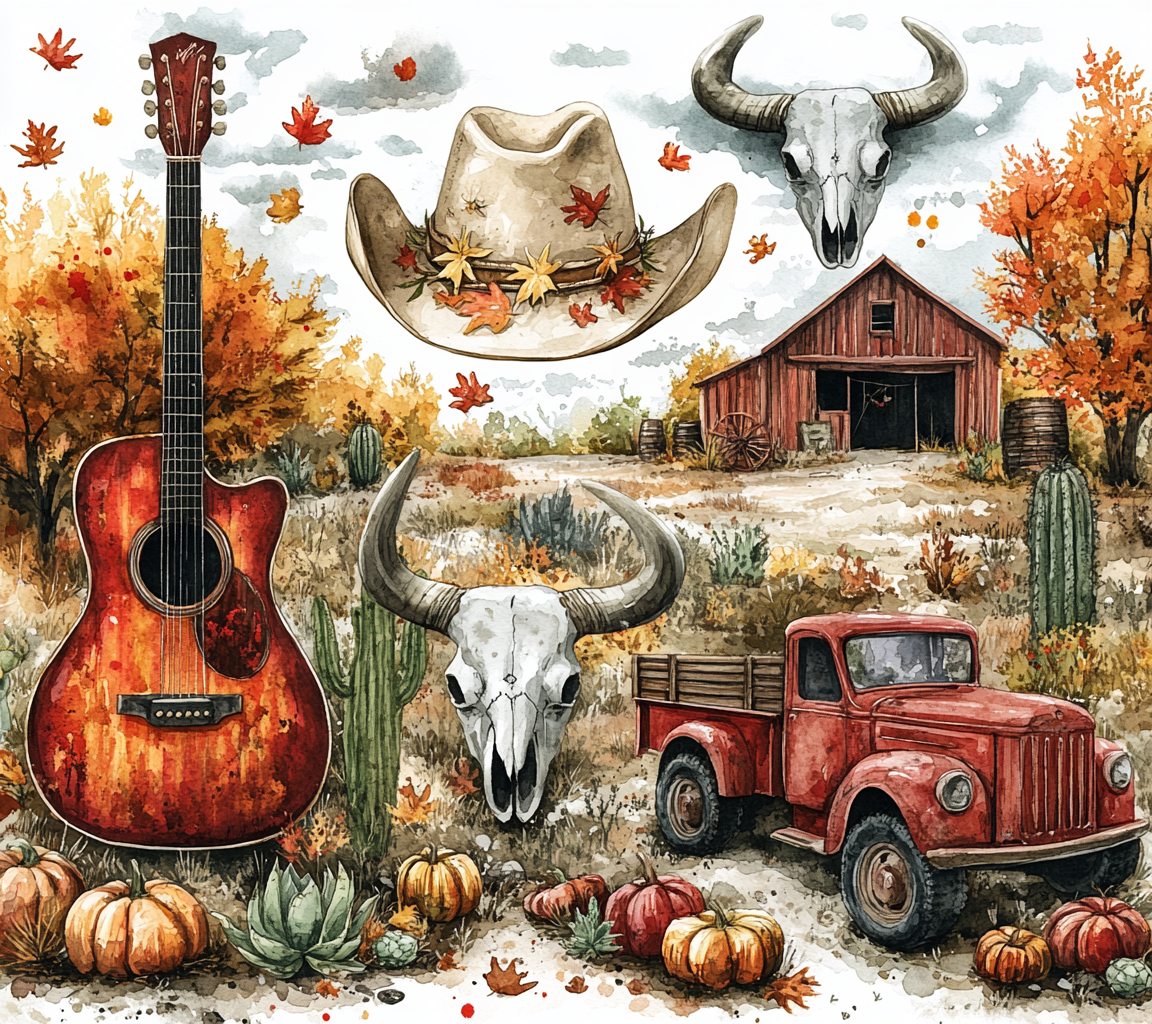 Hand drawn watercolor illustration of fall and western elements