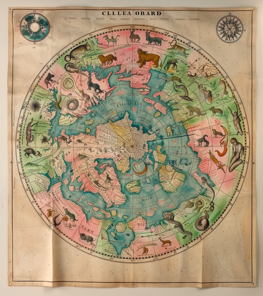 Hand-drawn world map with colorful constellations and animals.