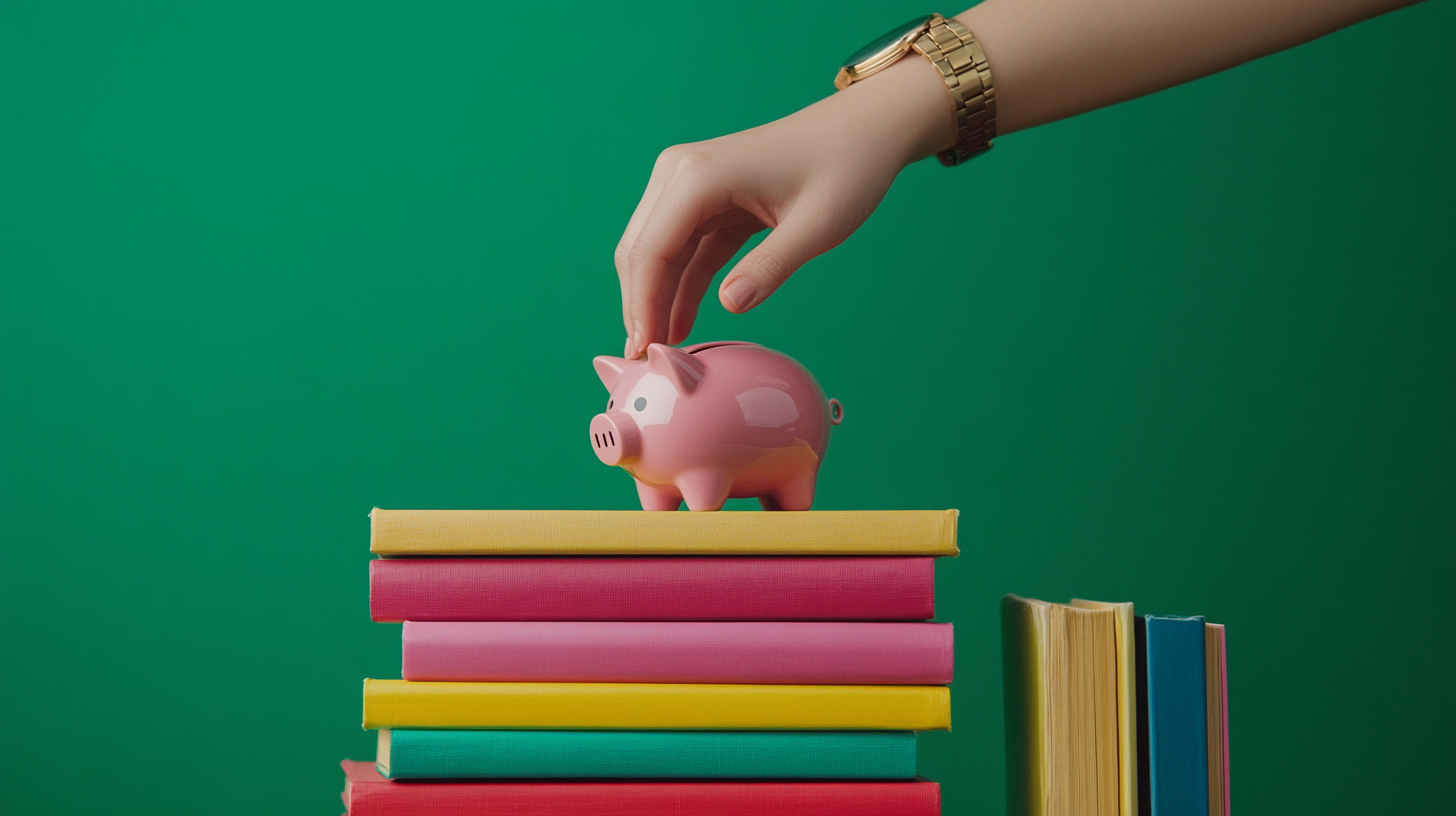 Hand dropping coin into piggy bank on books.