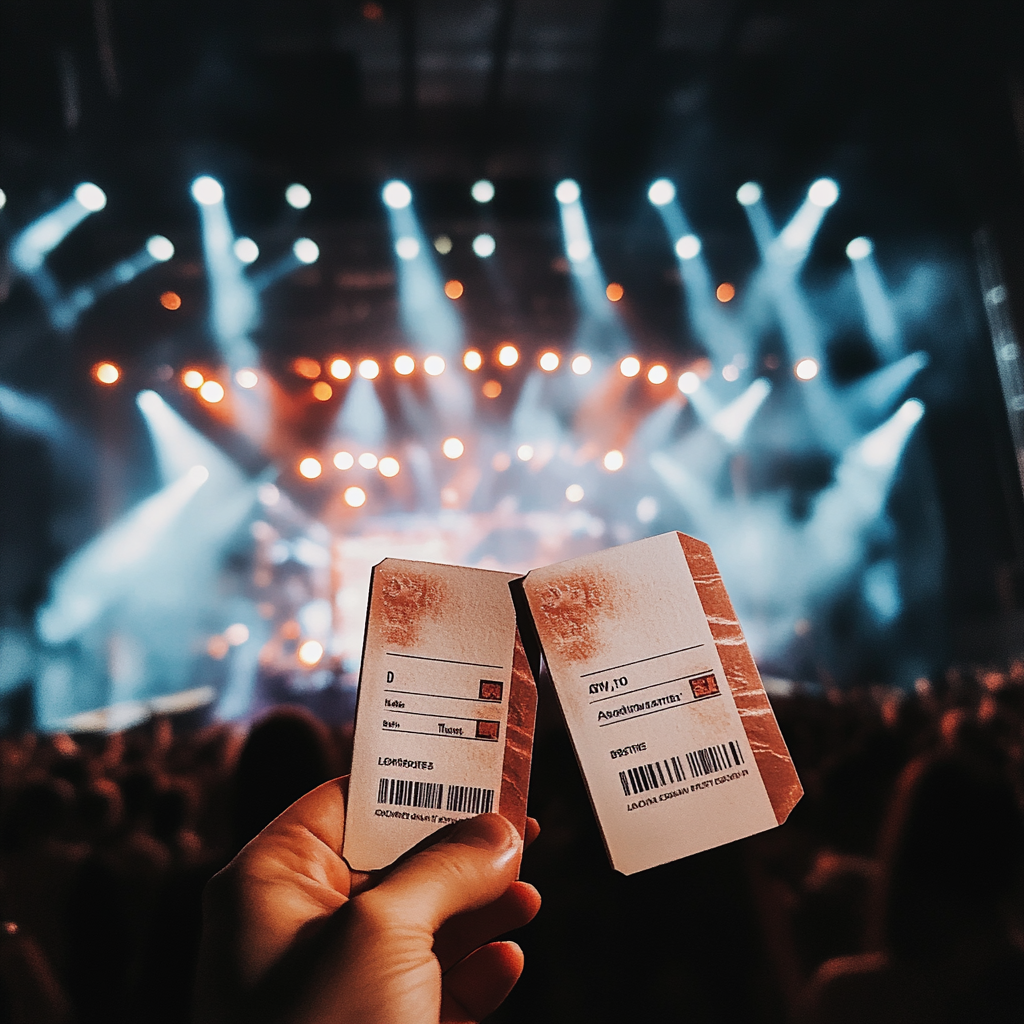 Hand holding concert tickets in front of stage crowd.