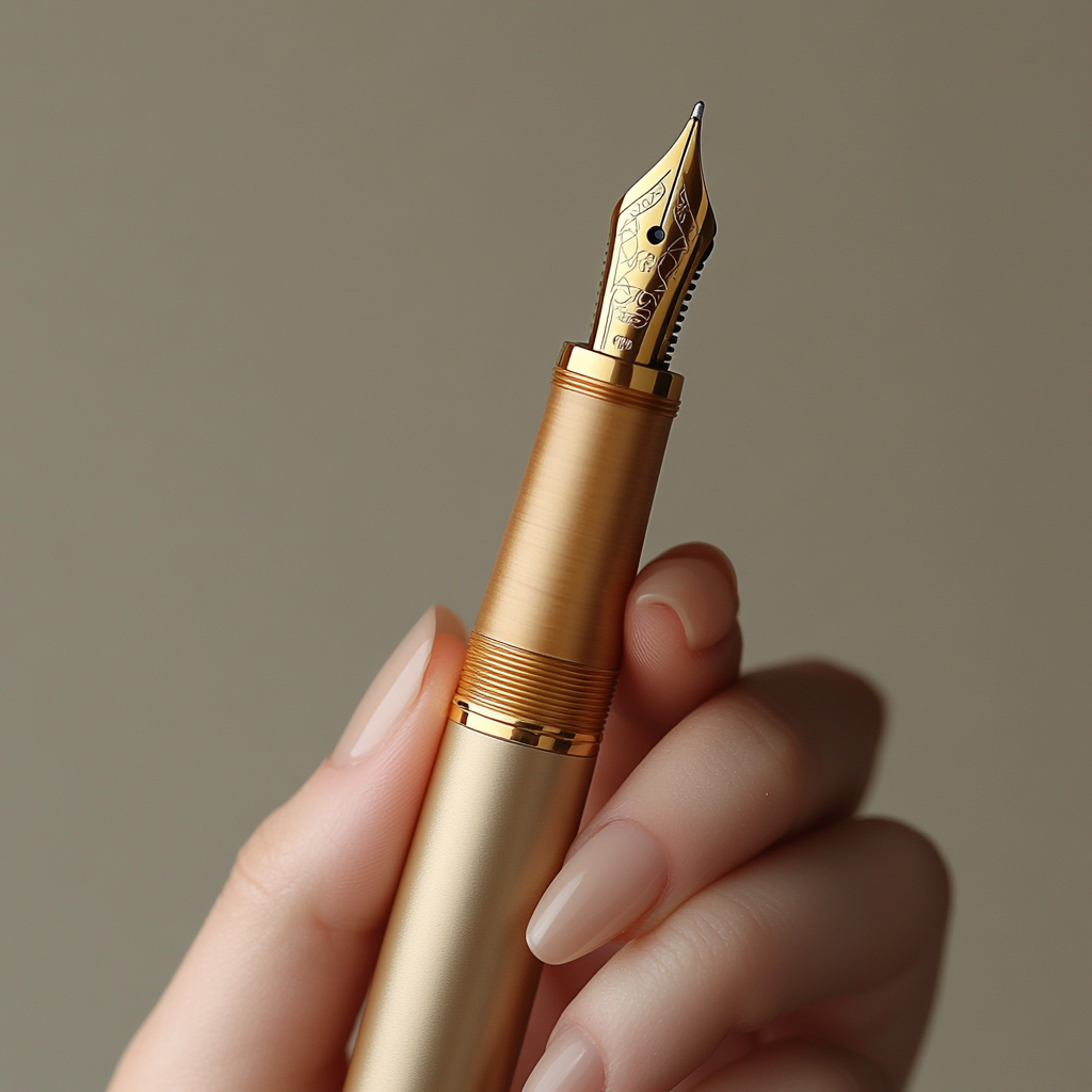 Hand holding elegant wooden fountain pen on gold tip.