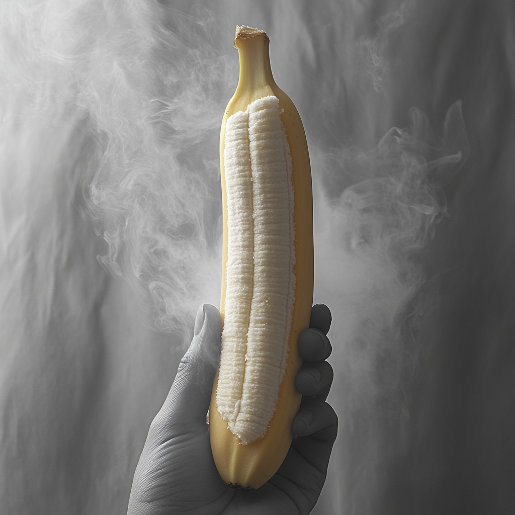 Hand holding half-peeled banana, smoke, greyscale, yellow, bright.