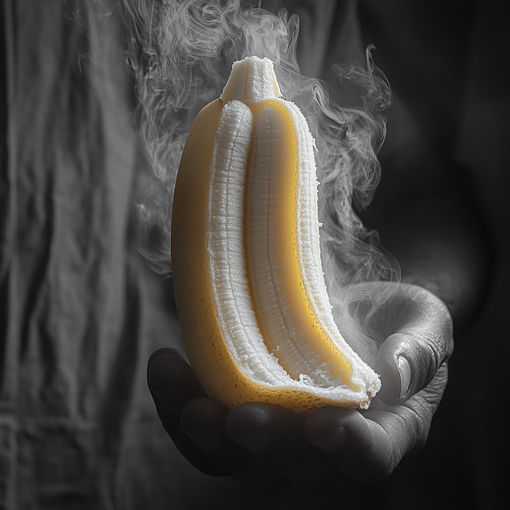 Hand holding half-peeled banana, smoke smell visible. Greyscale hand, yellow banana peel.