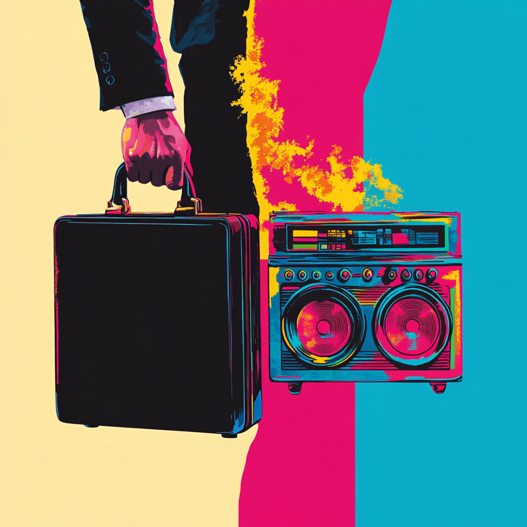 Hand holds black briefcase and retro boombox