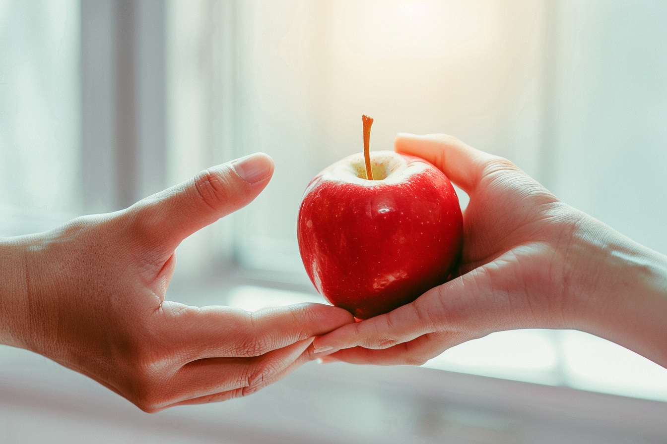 Hand offering apple symbolizes health education, promotion.