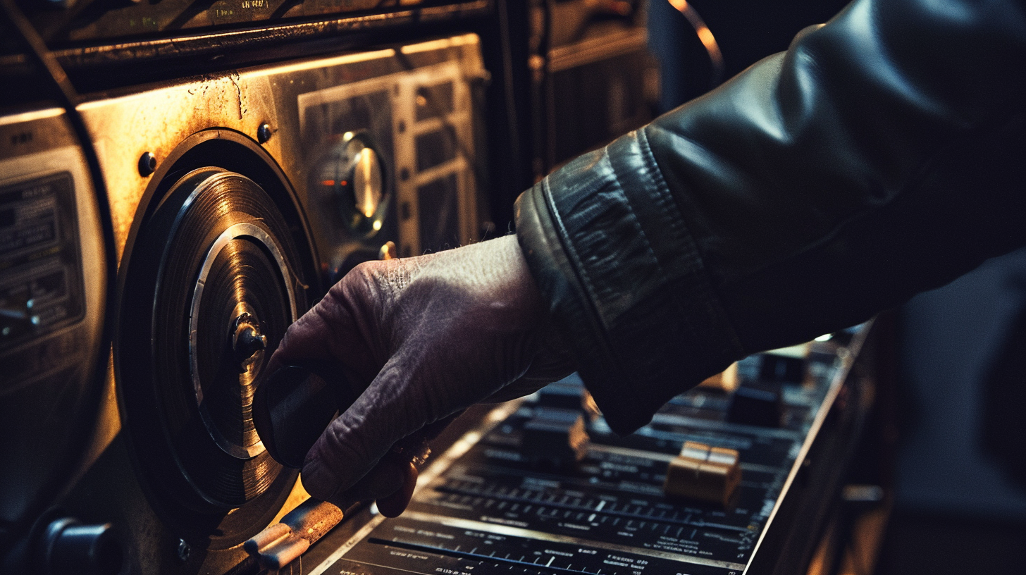 Hand operating vintage drum machine on black background