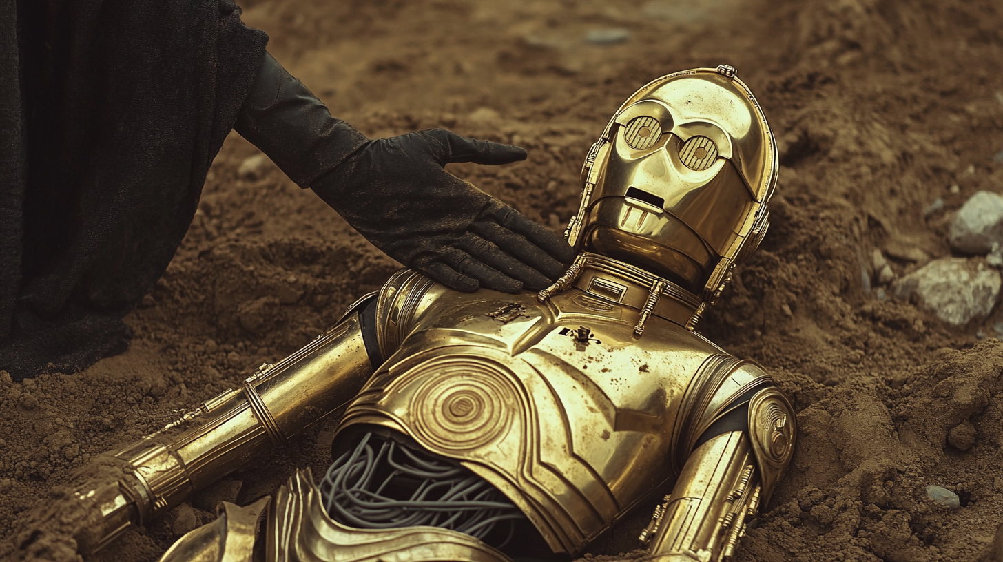 Hand over C3PO's heart comfort. Star Wars scene. 