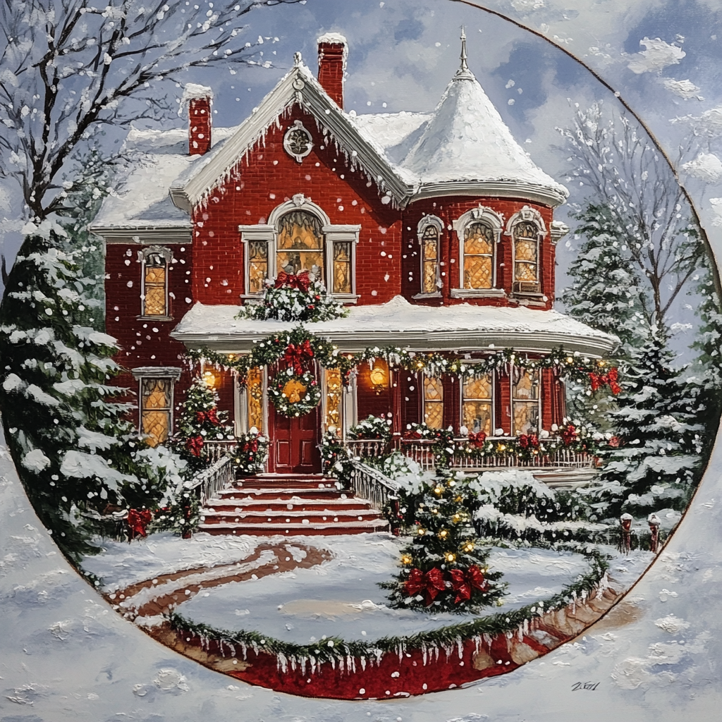 Hand painted Christmas portrait of Victorian style home.