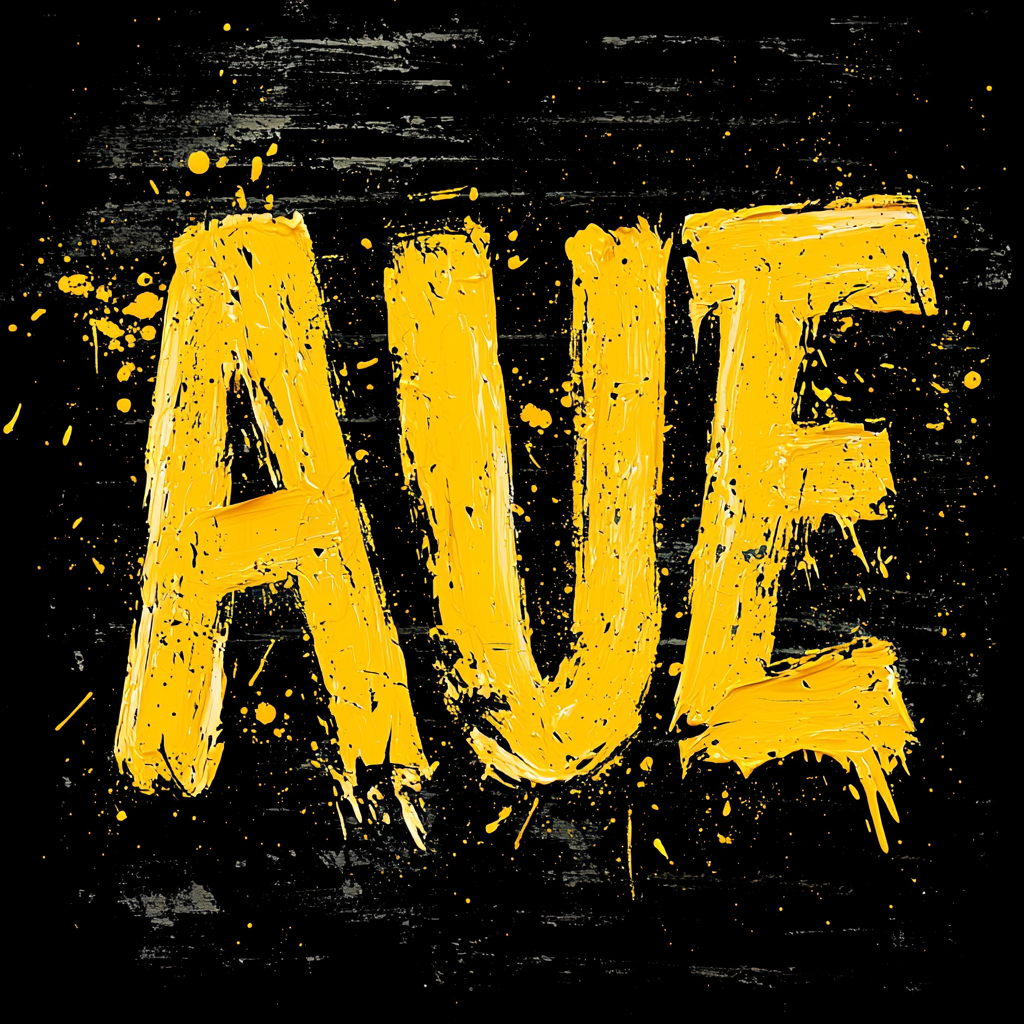 Hand-painted bold letters with yellow font on black background.