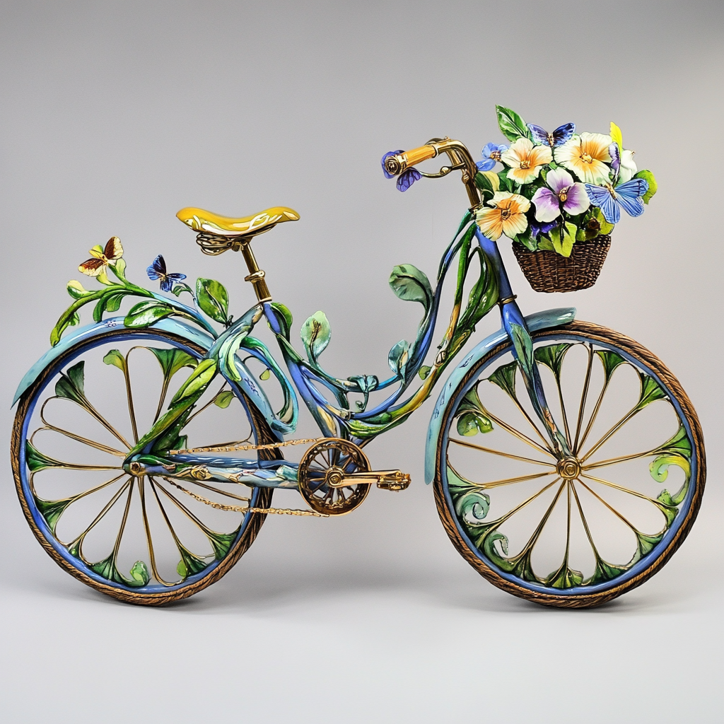 Hand-painted floral bicycle decoration with butterflies and lantern basket.