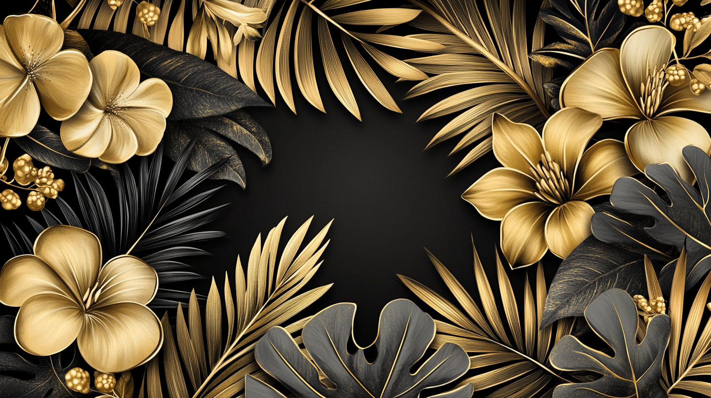 Hand-painted metallic gold on black wallpaper with tropical flowers.