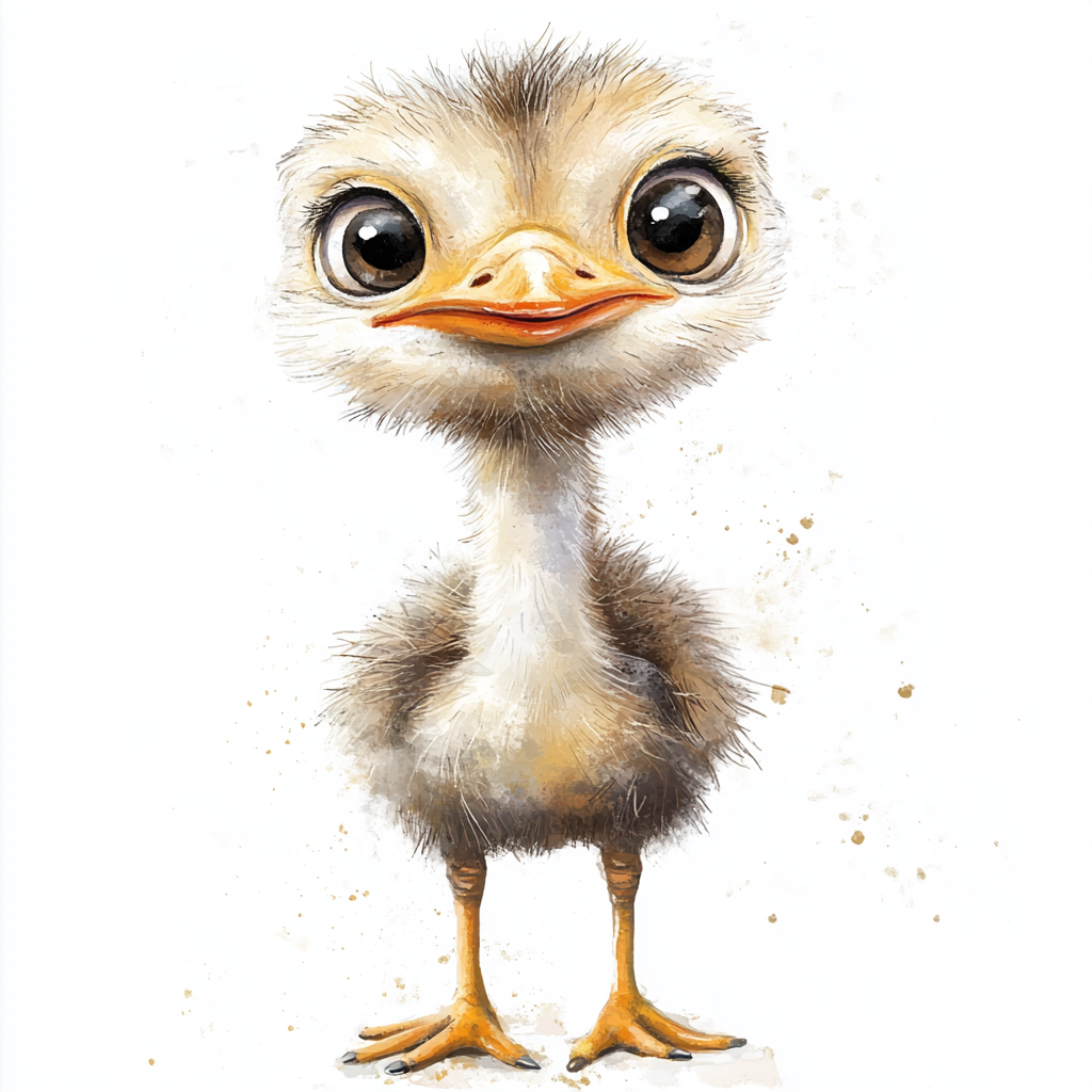 Hand painted watercolor baby ostrich with pastel colors smile.