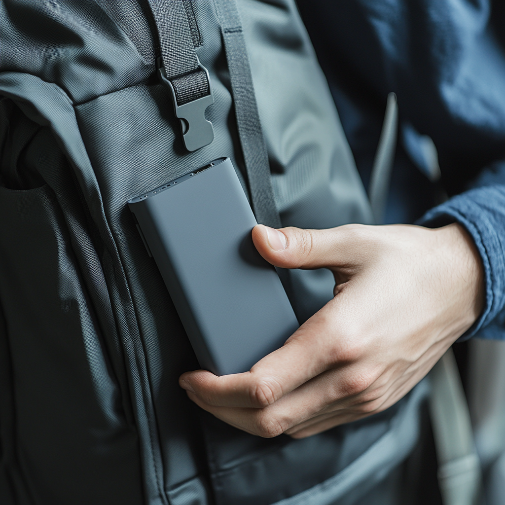 Hand placing power bank in backpack, realistic mockup.