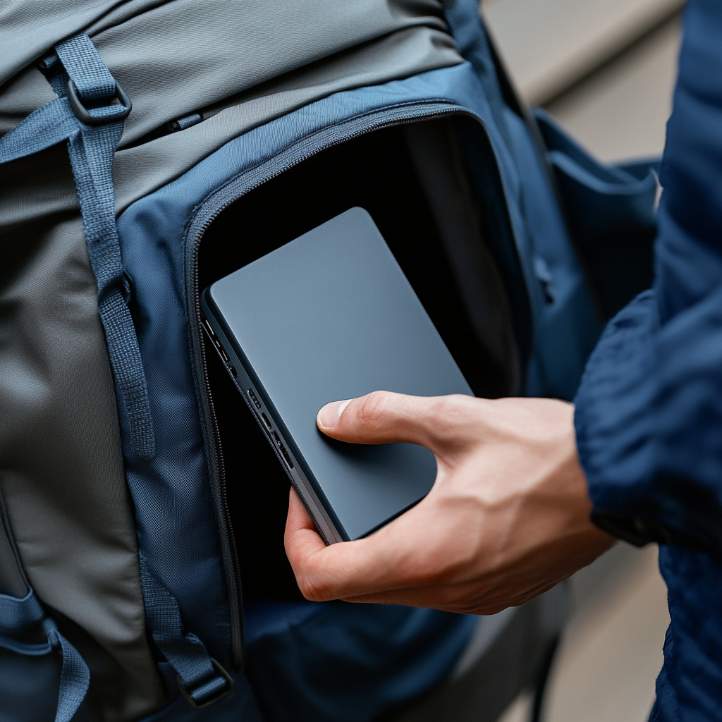 Hand placing power bank in backpack for advertisement.