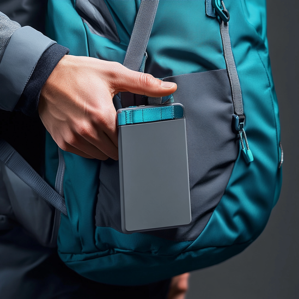 Hand placing power bank in pocket, realistic mockup.