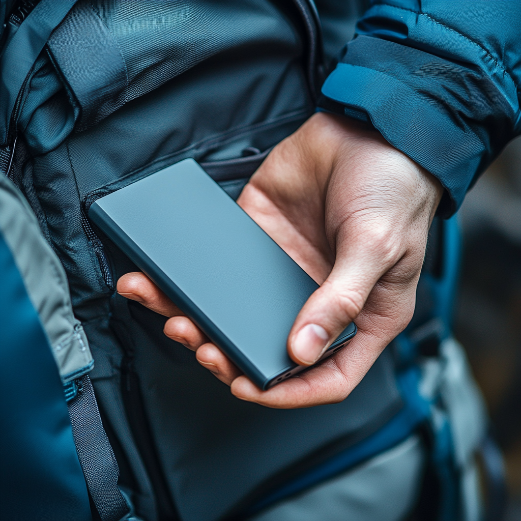 Hand putting power bank in backpack for advertisement mockup.