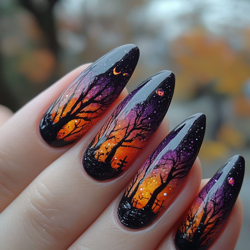 Hand with Halloween nail art in black, orange, purple.