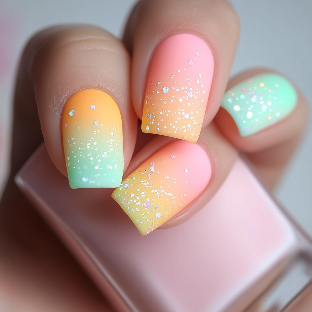 Hand with colorful nails and makeup in soft lighting.