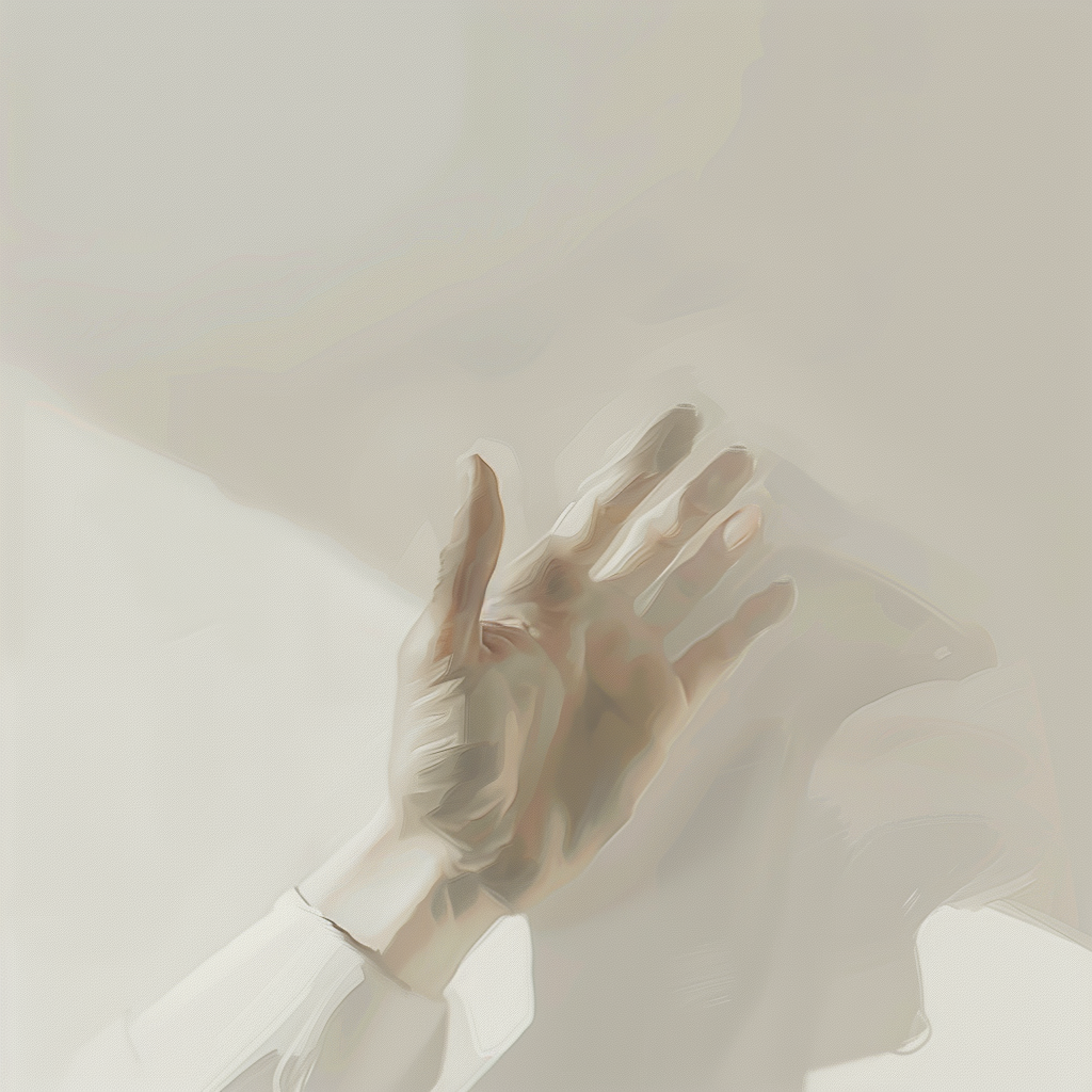 Hand with raised fingers in soft light, minimalist aesthetic.