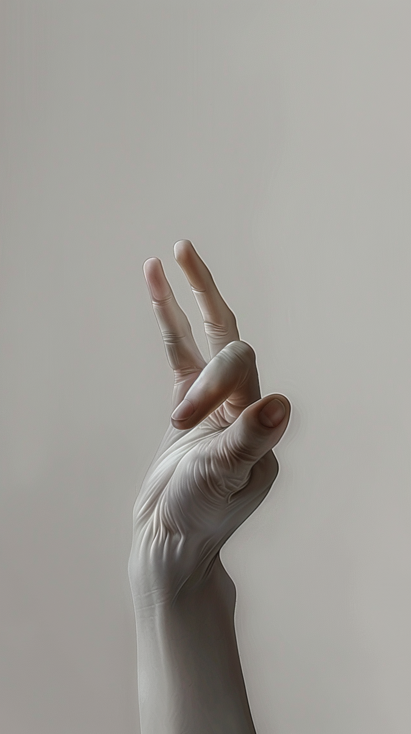 Hand with two fingers raised against white background, detailed.