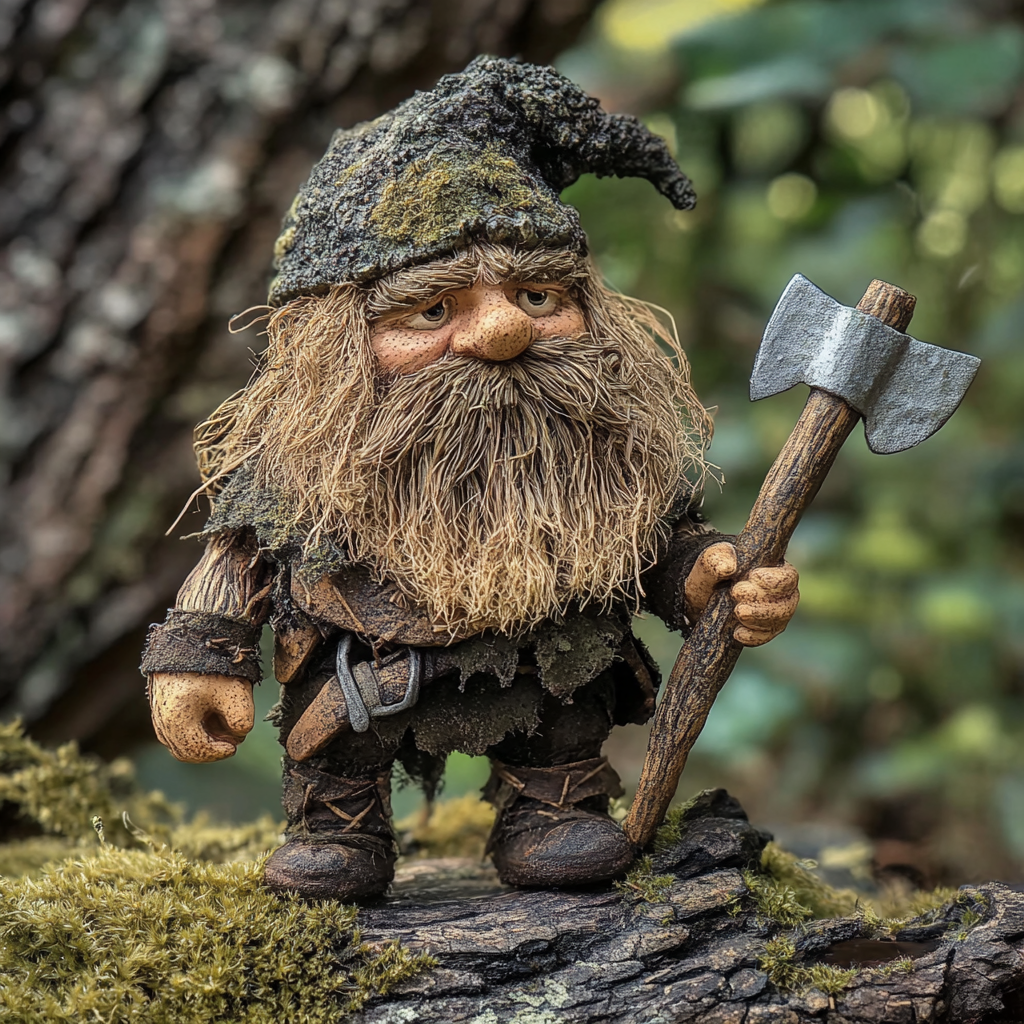 Handcrafted dwarf puppet with moss beard wields tiny axe.