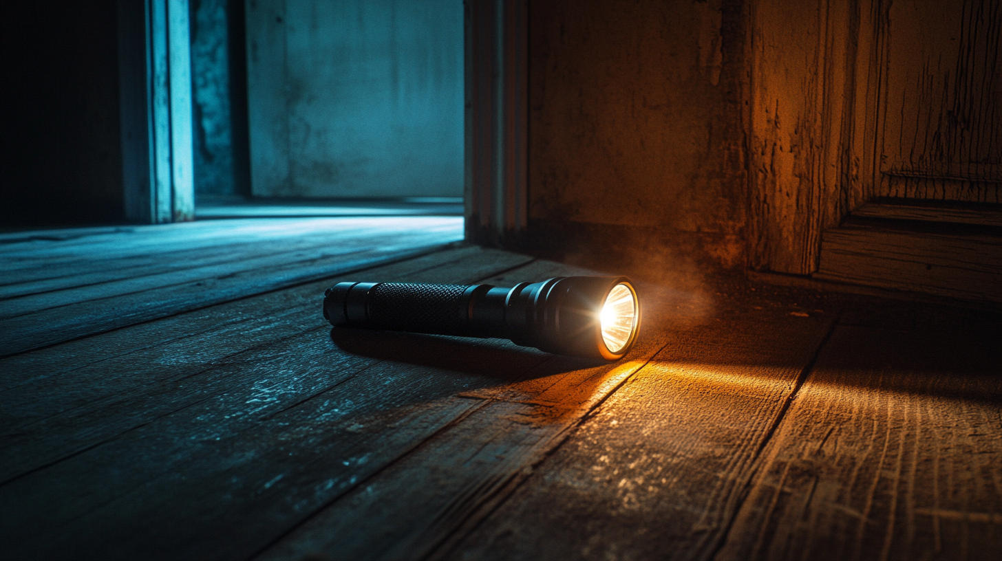 Handheld flashlight on wooden floor, illuminating dark passage.