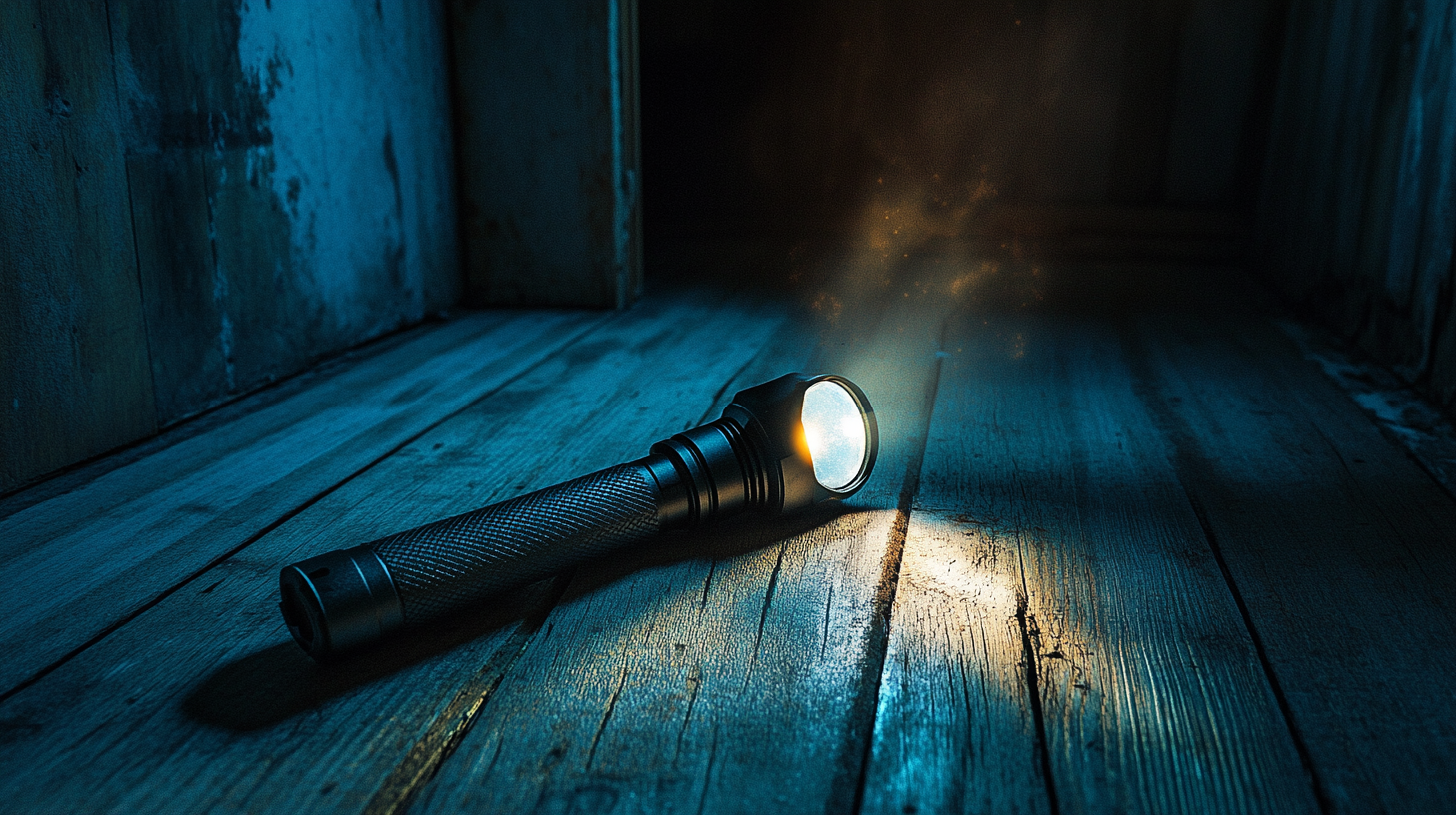 Handheld flashlight on wooden floor illuminating dark room.