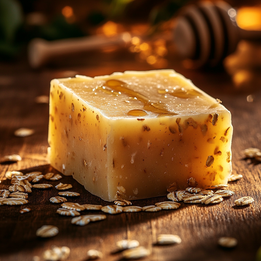 Handmade Honey Oat Soap on Rustic Surface