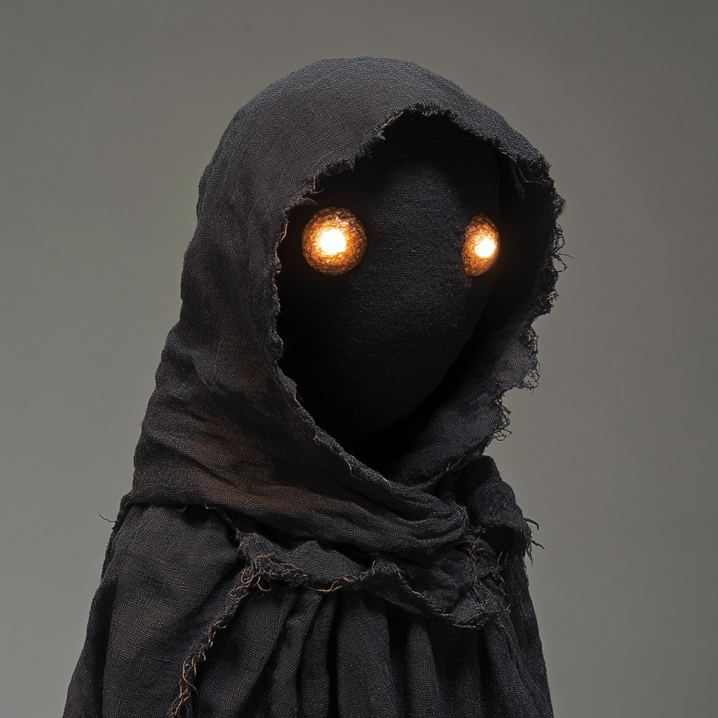 Handmade puppet figure with glowing pebble eyes in hood.