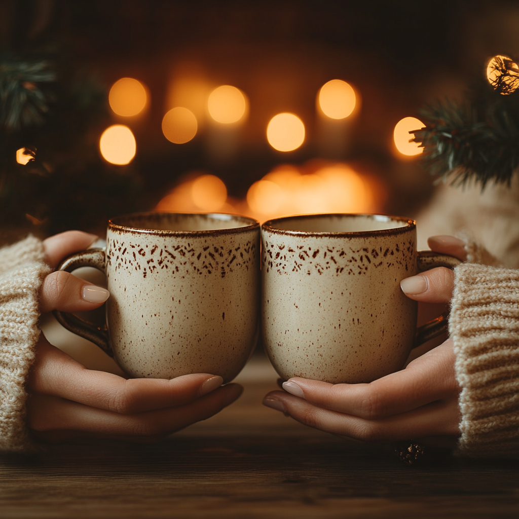 Hands Holding Mugs by Fireplace: Cozy Winter Scene