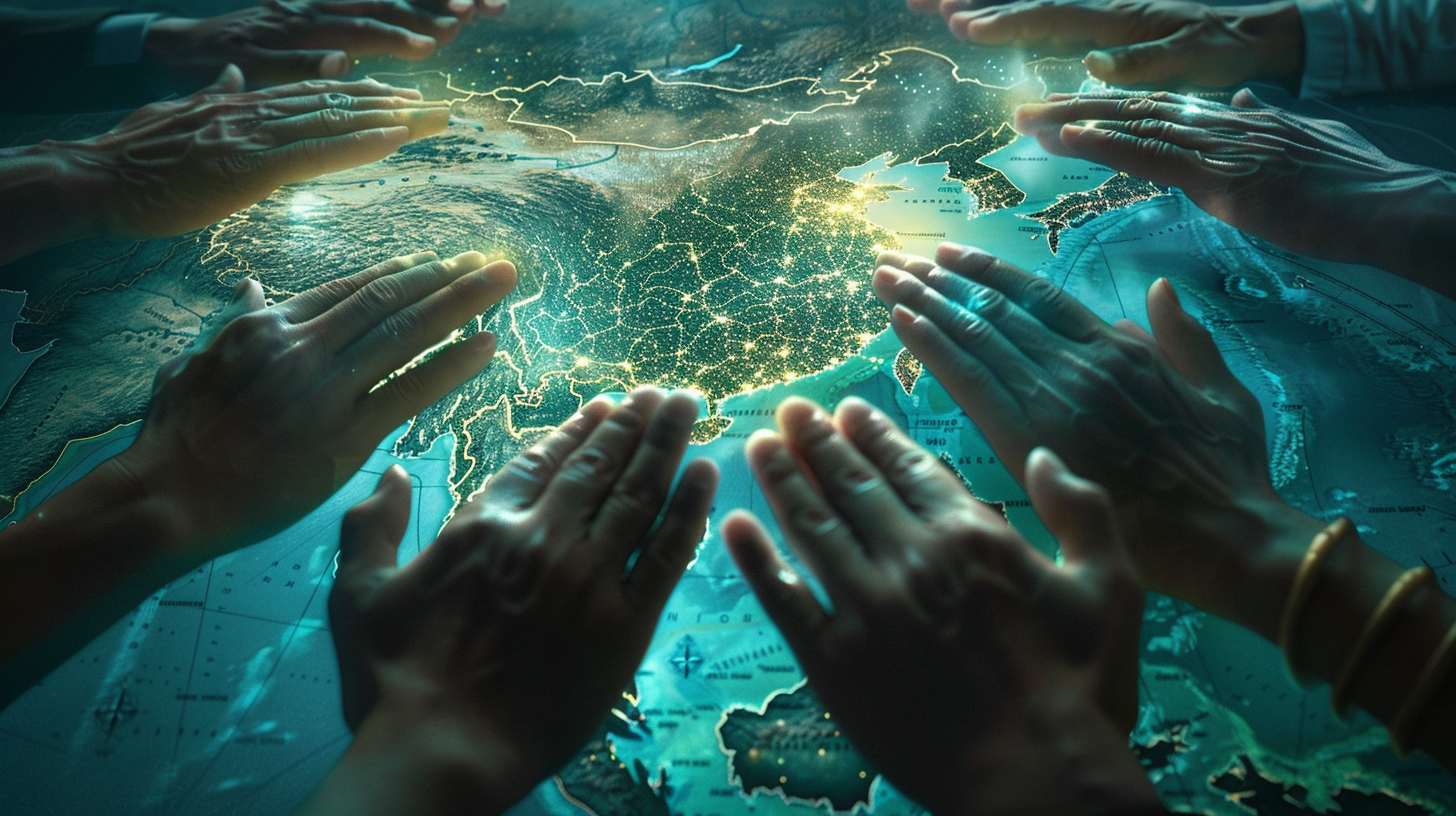 Hands from diverse backgrounds above glowing map in prayer.