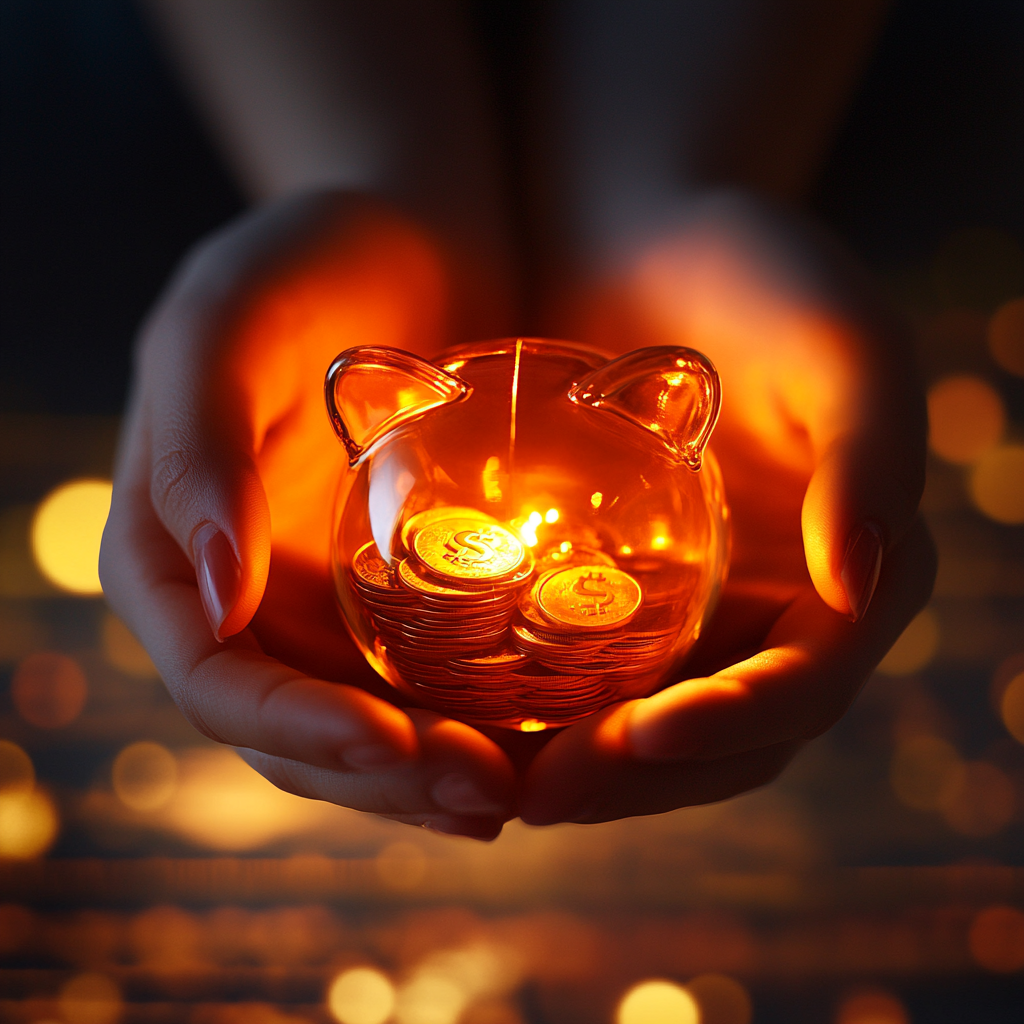 Hands hold glowing piggy bank, financial symbols background