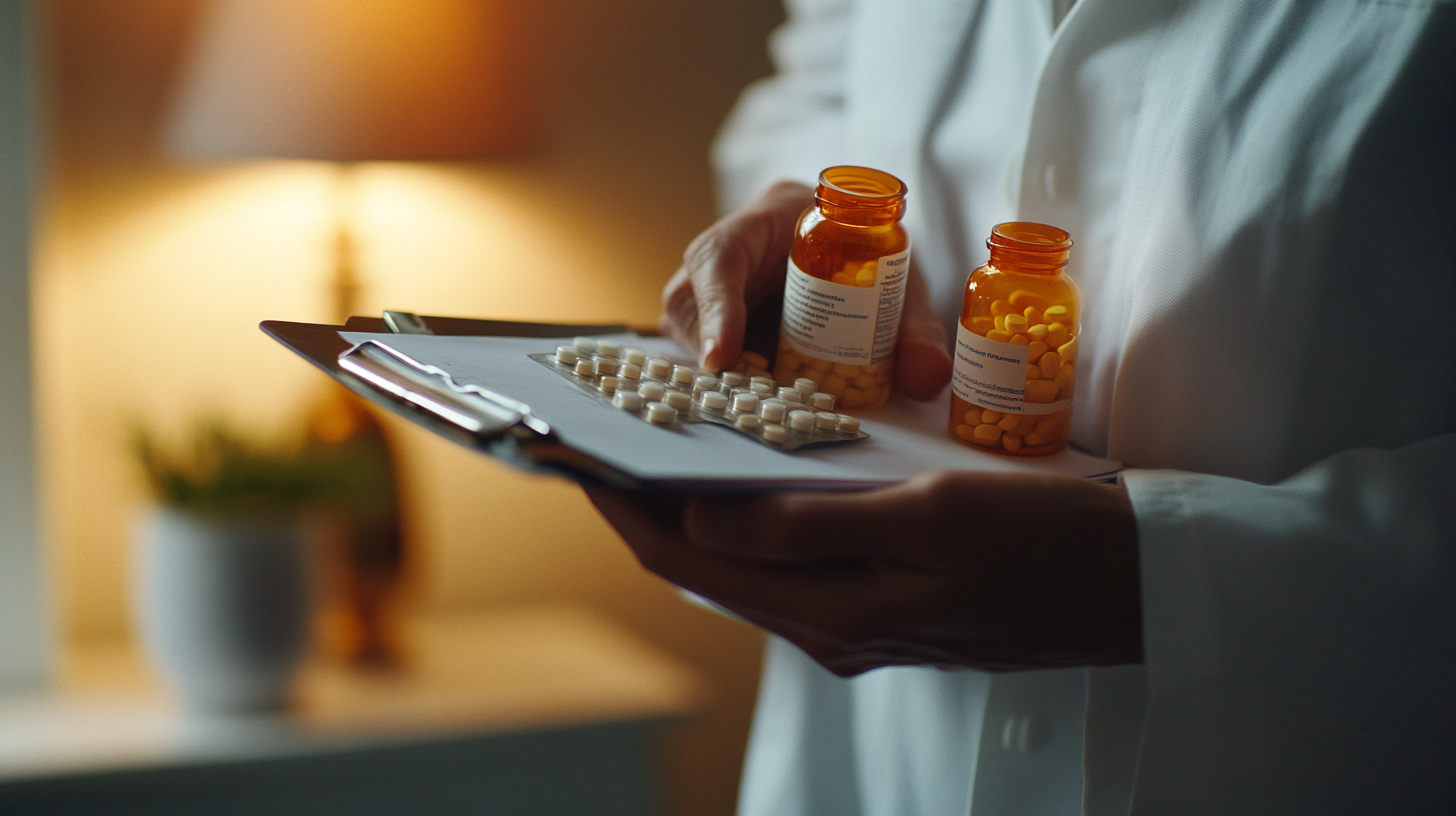 Hands holding pills and clipboard for medical care