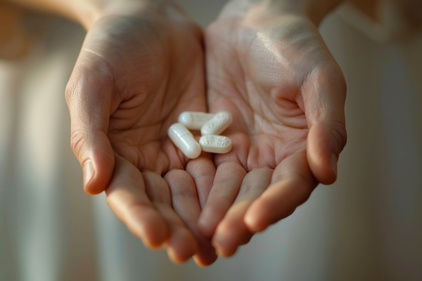 Hands holding pills symbolize chondrocalcinosis treatment, clean background.