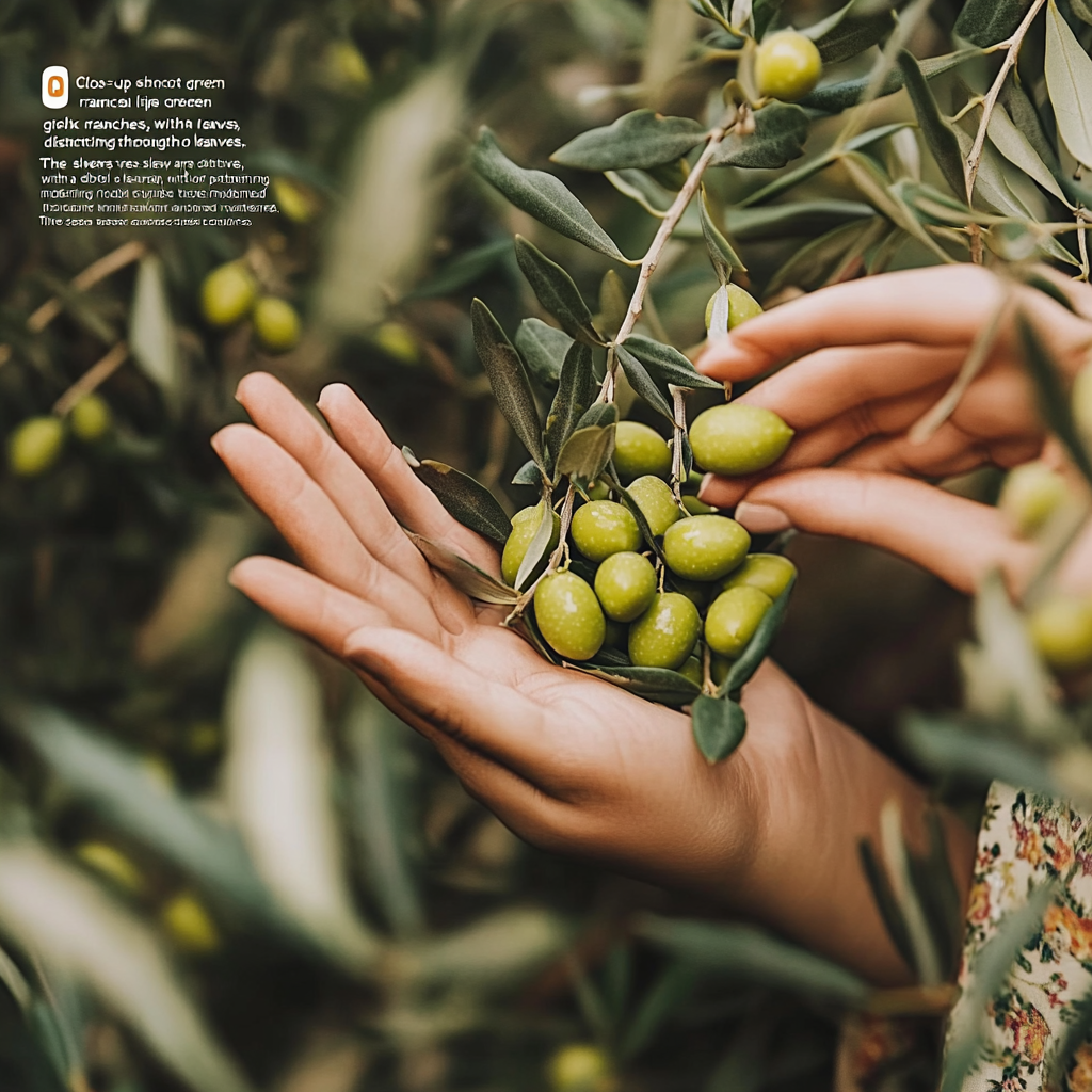 Hands picking green olives with Iranian sleeves