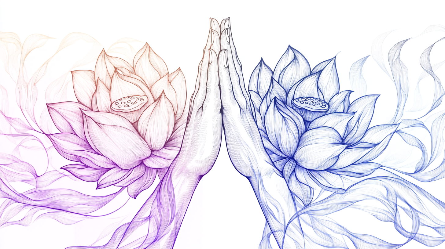 Hands praying with lotus flowers in soft colors