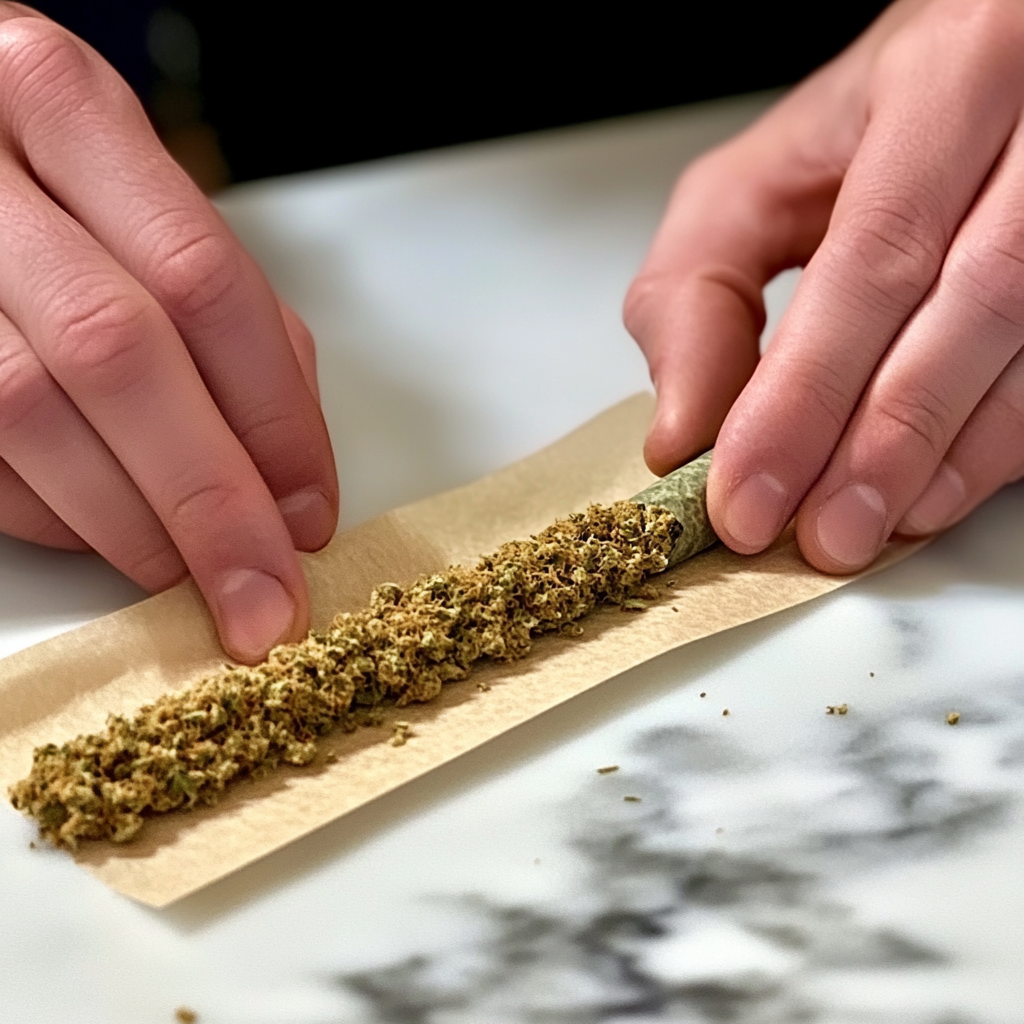 Hands rolling cannabis joint with precision and technique captured.