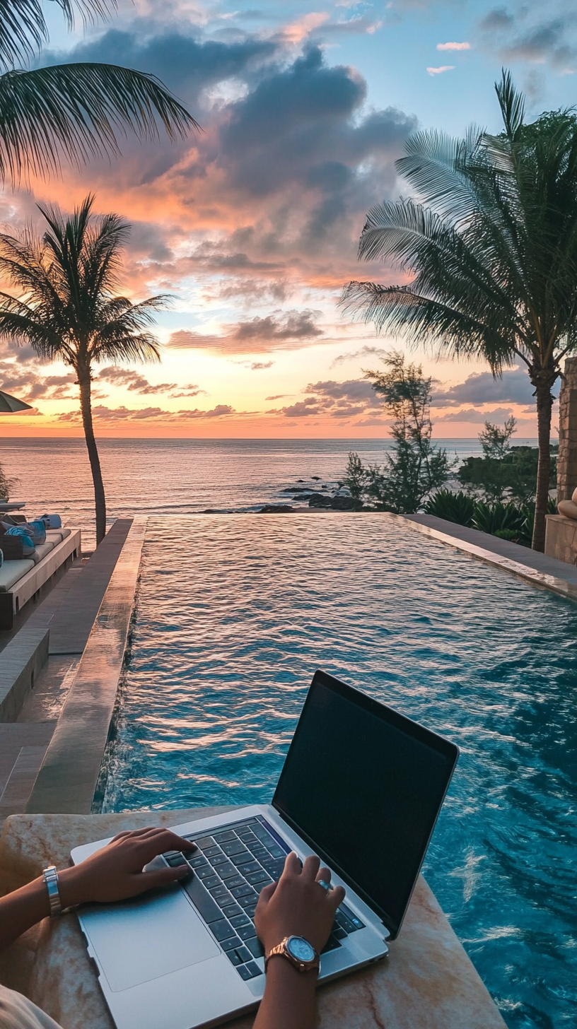 Hands typing on laptop by pool at resort