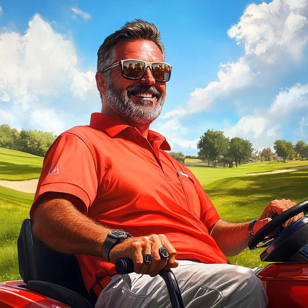 Handsome, smiling dad on mower with sunglasses, photorealistic.