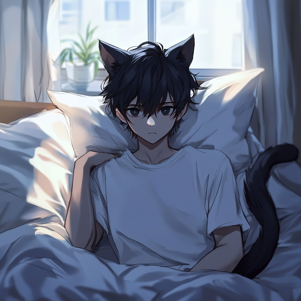 Handsome Catboy Hugging Pillow in Detailed Bedroom.